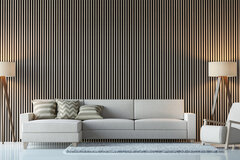 weiße Couch vor einer Akustikpaneelwand