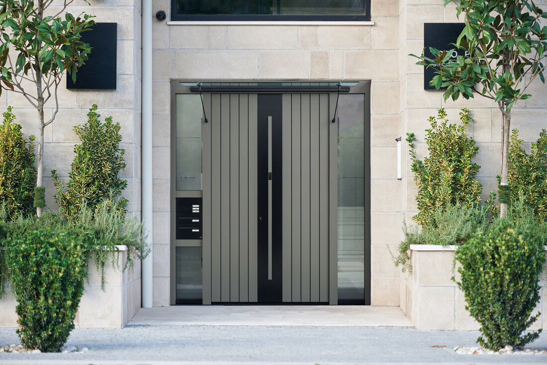 Aluminium Haustüre mit Pflanzen daneben
