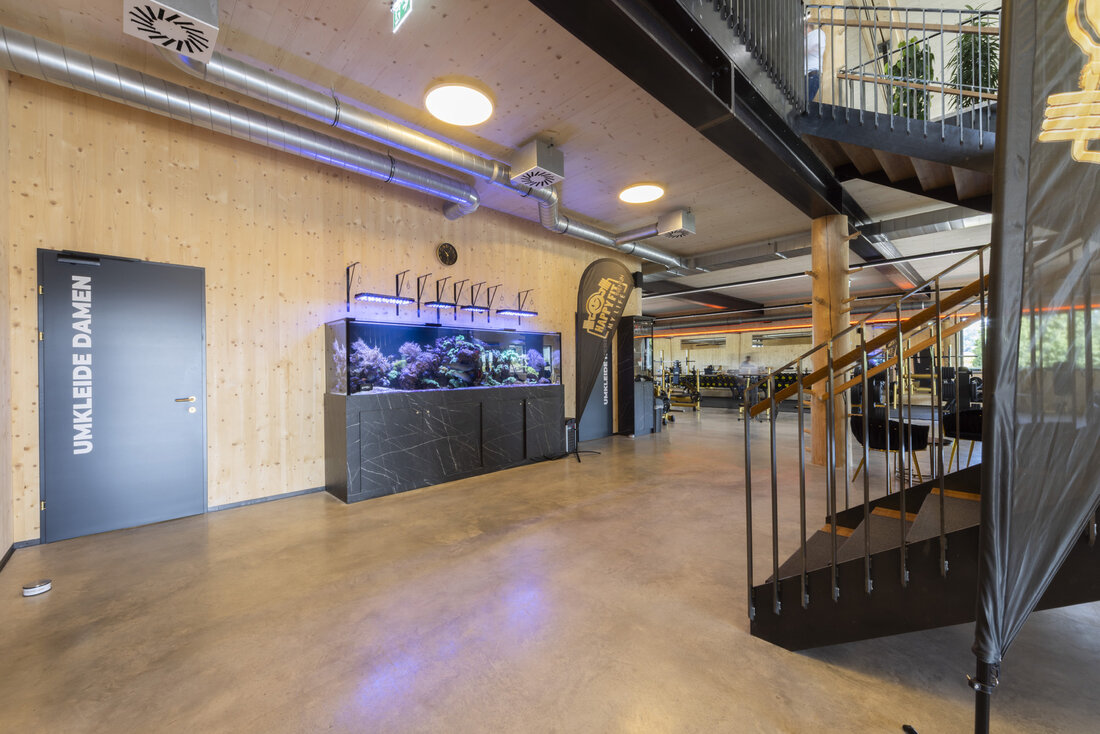 Holz-Fitnessstudio mit Aquarium