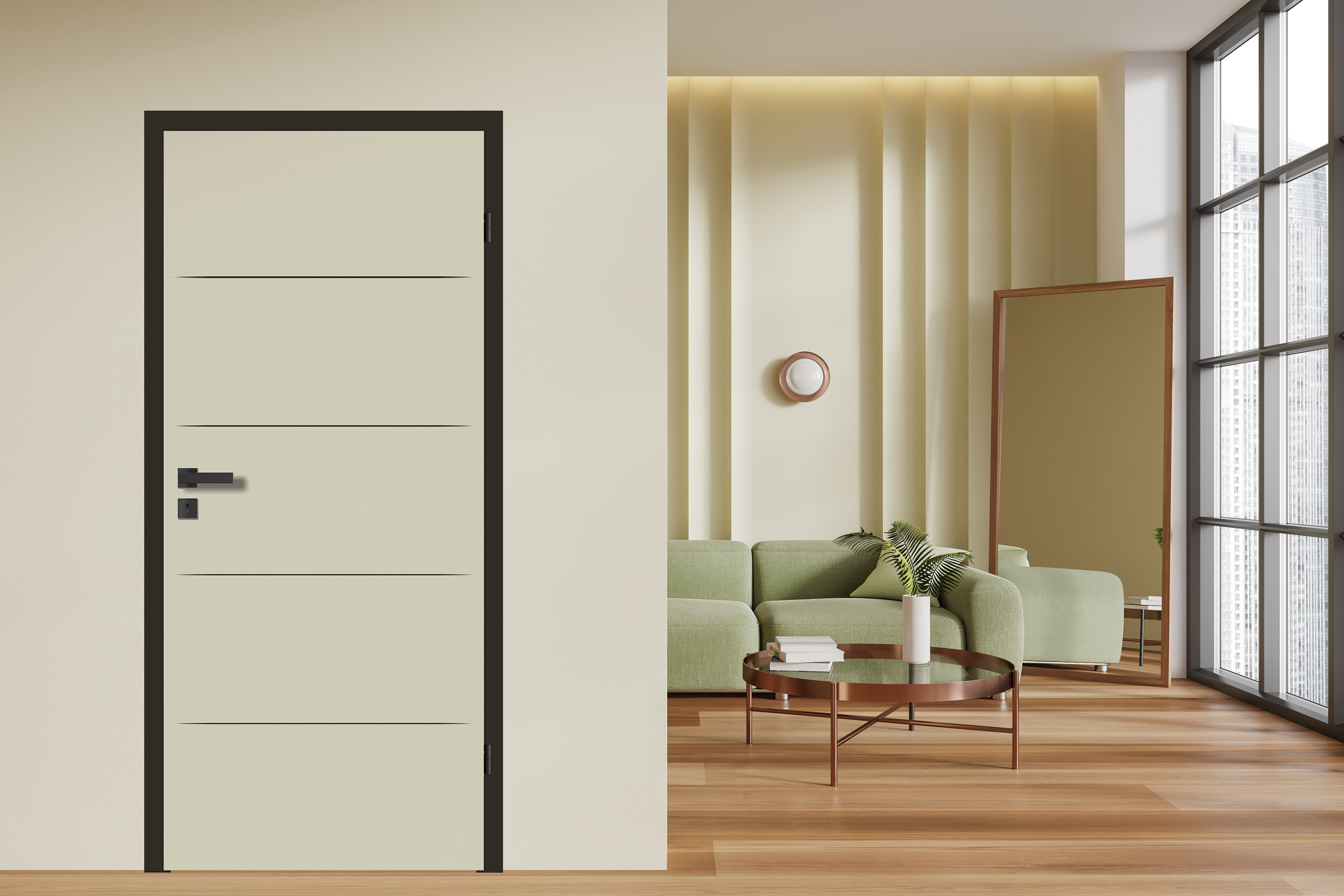 Wohnzimmer mit heller Türe